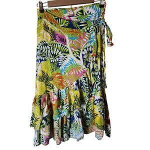 NICOLE MILLER Yellow Red Green Tropical Floral Vacation Faux Wrap Midi Skirt SZS